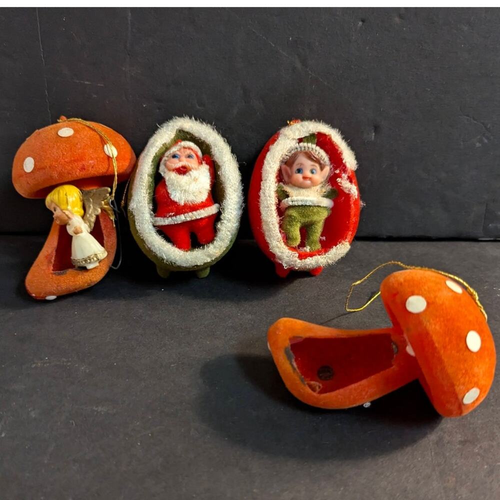Vintage Flocked Christmas Ornaments Set of 4 Mushroom Nut Retro Holiday Decor